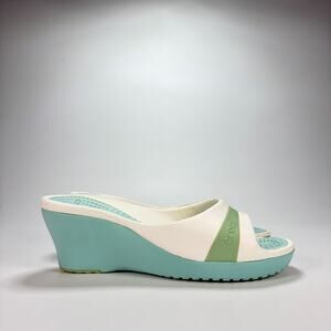 Crocs Sassari White Light Blue Comfort Slip On Wedge Slide Sandals Women’s Sz 9